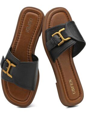 Women's Black Square Toe Flat Sandals Slides Dressy Comfortable for Beach